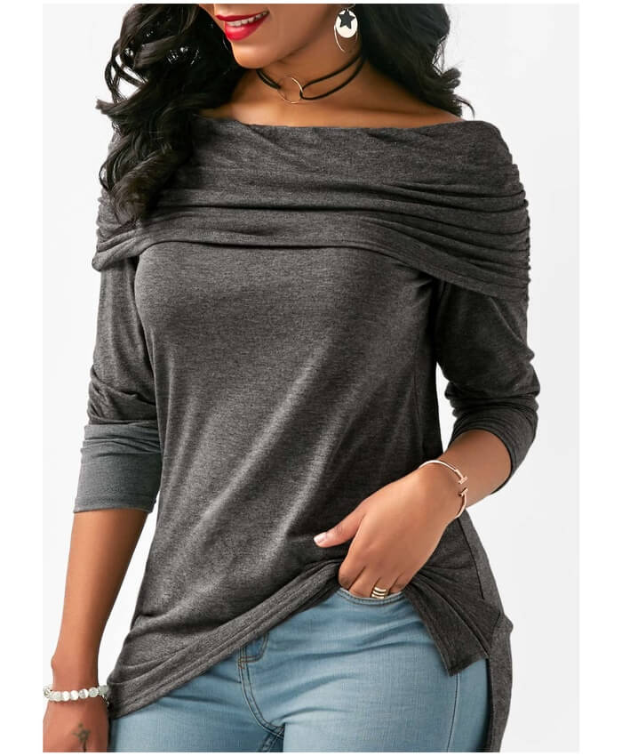 Deep Grey Long Sleeve Ruched Bardot Blouse